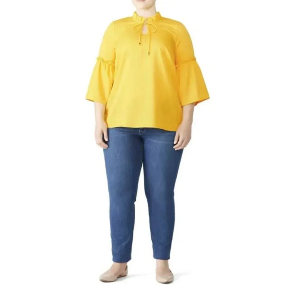 JunaRose Womens 16 Yellow Ruffle Bell Sleeve Tie Neck Peasant Blouse Boho S1-3
